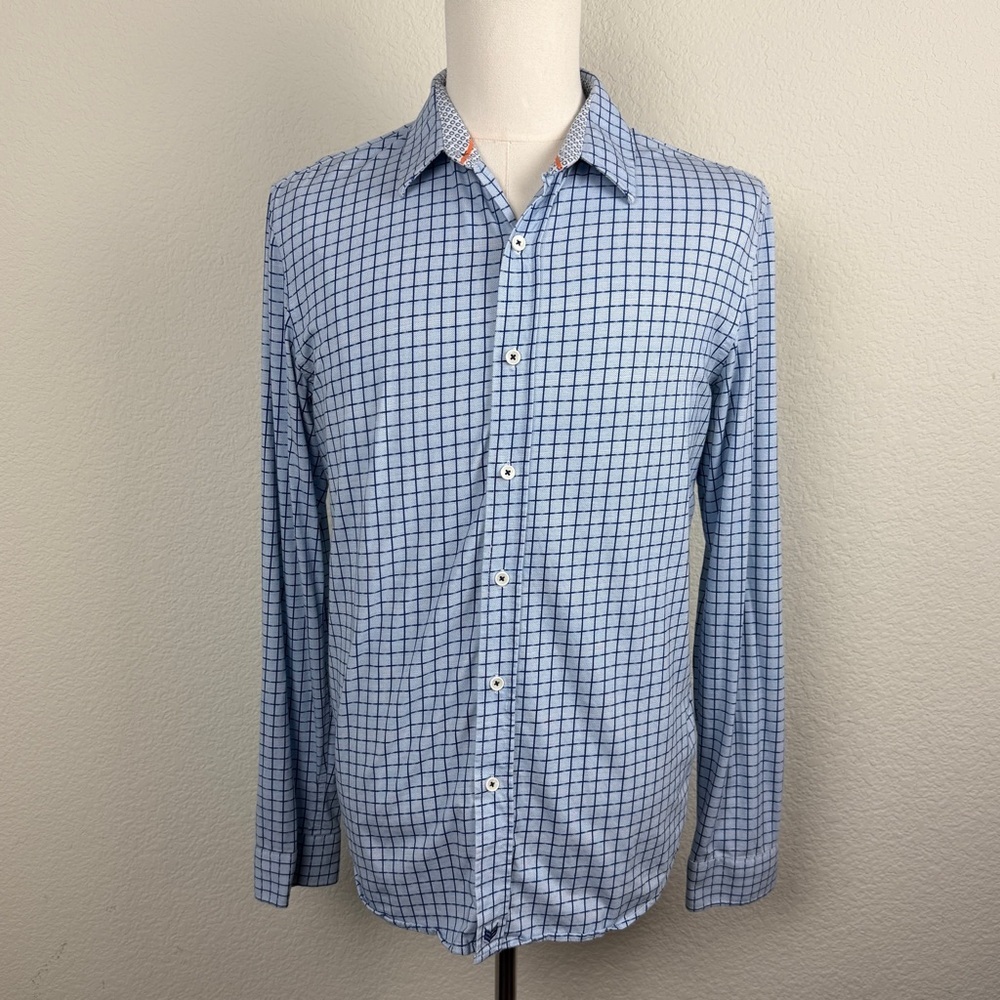 Butter Cloth Shirt Mens Large Blue Grid Check Flip Cuff Regular Fit Lightweight